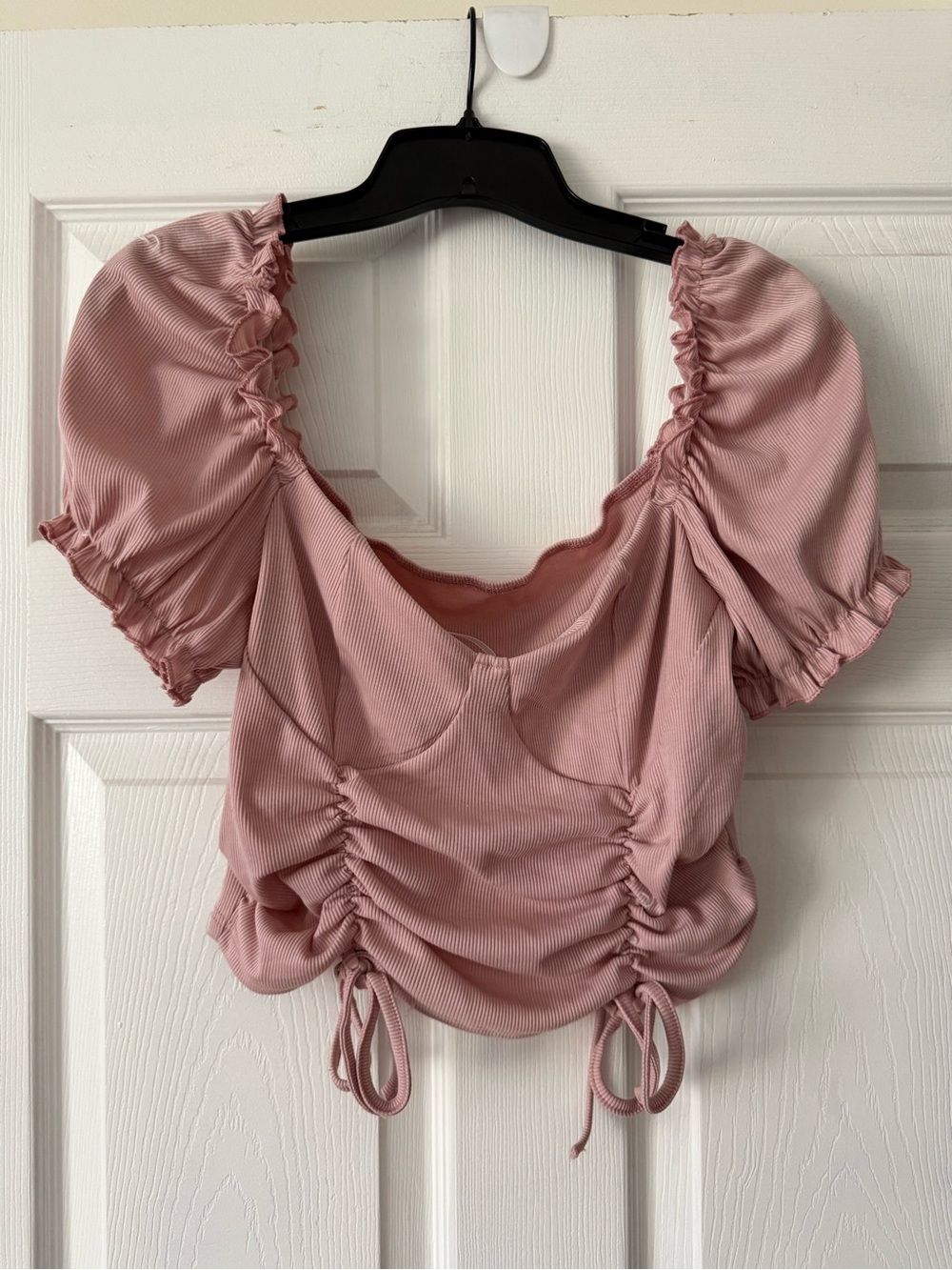 SHEIN Dusty Pink Ruched Puff Sleeve Crop Top